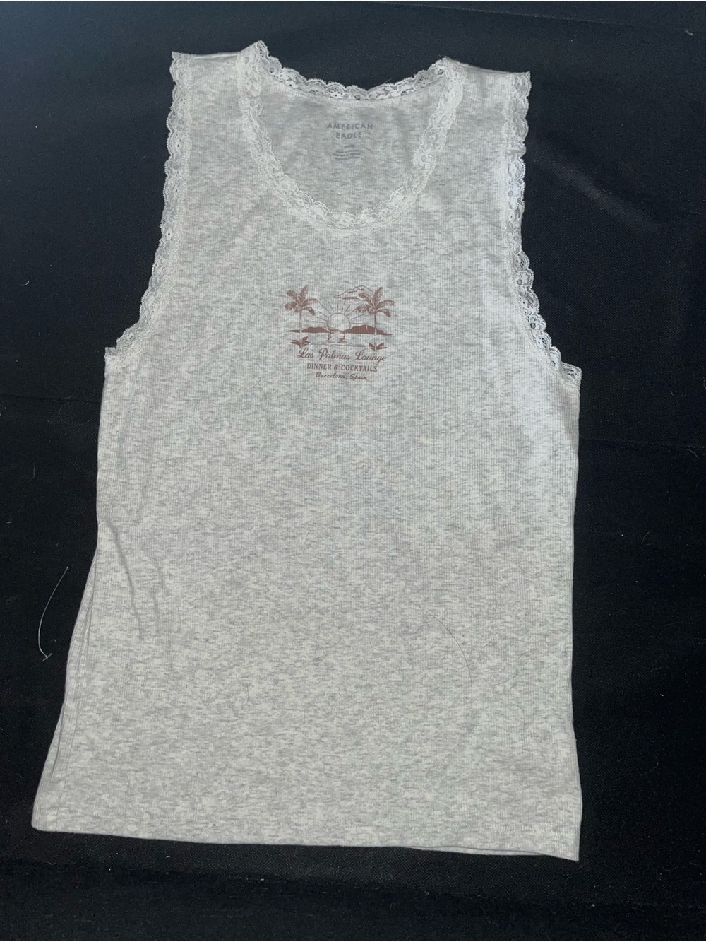 American Eagle Outfitters Heather Gray Lace-Trim Tank with Palm Graphic